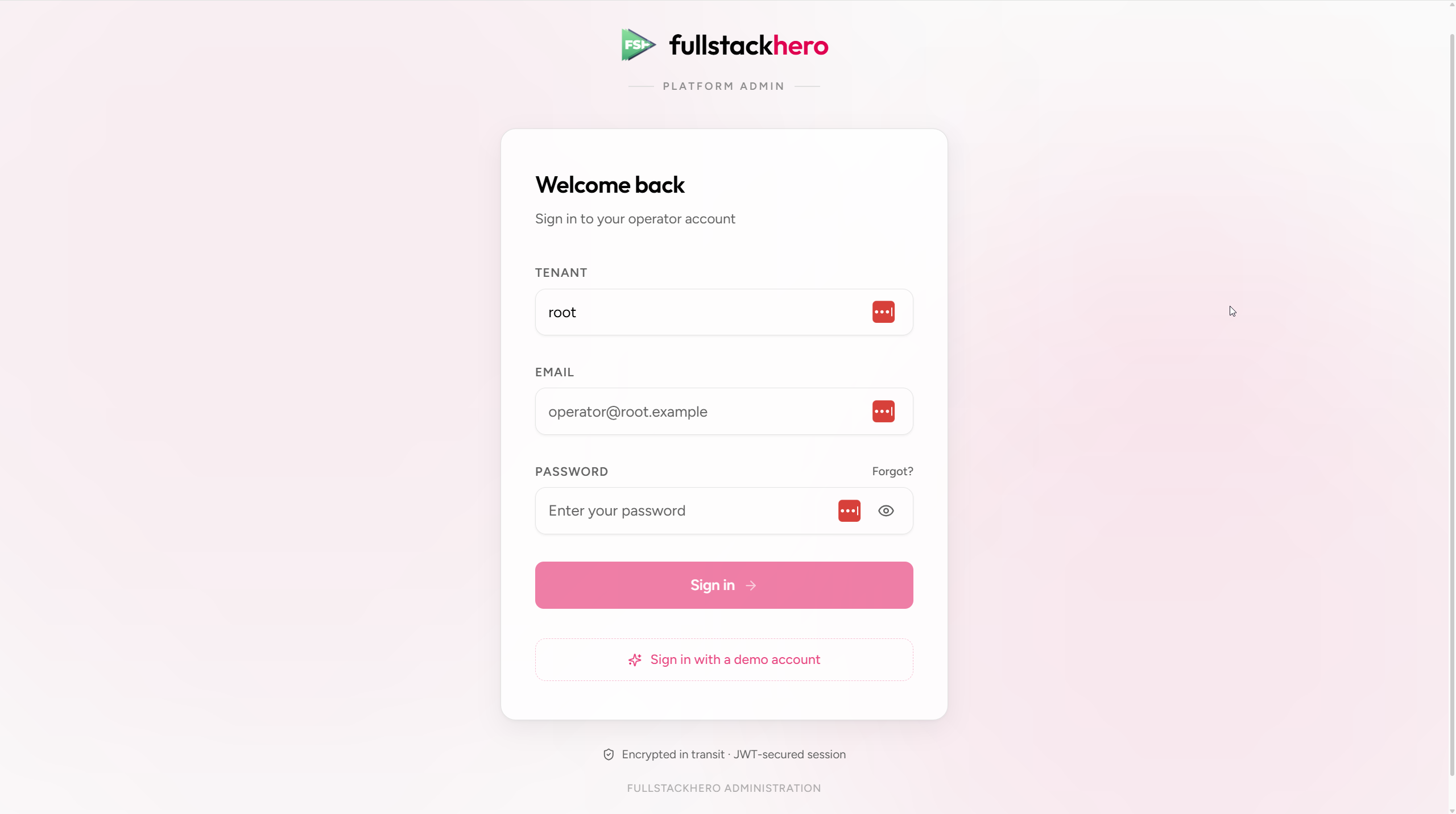 Admin console login screen