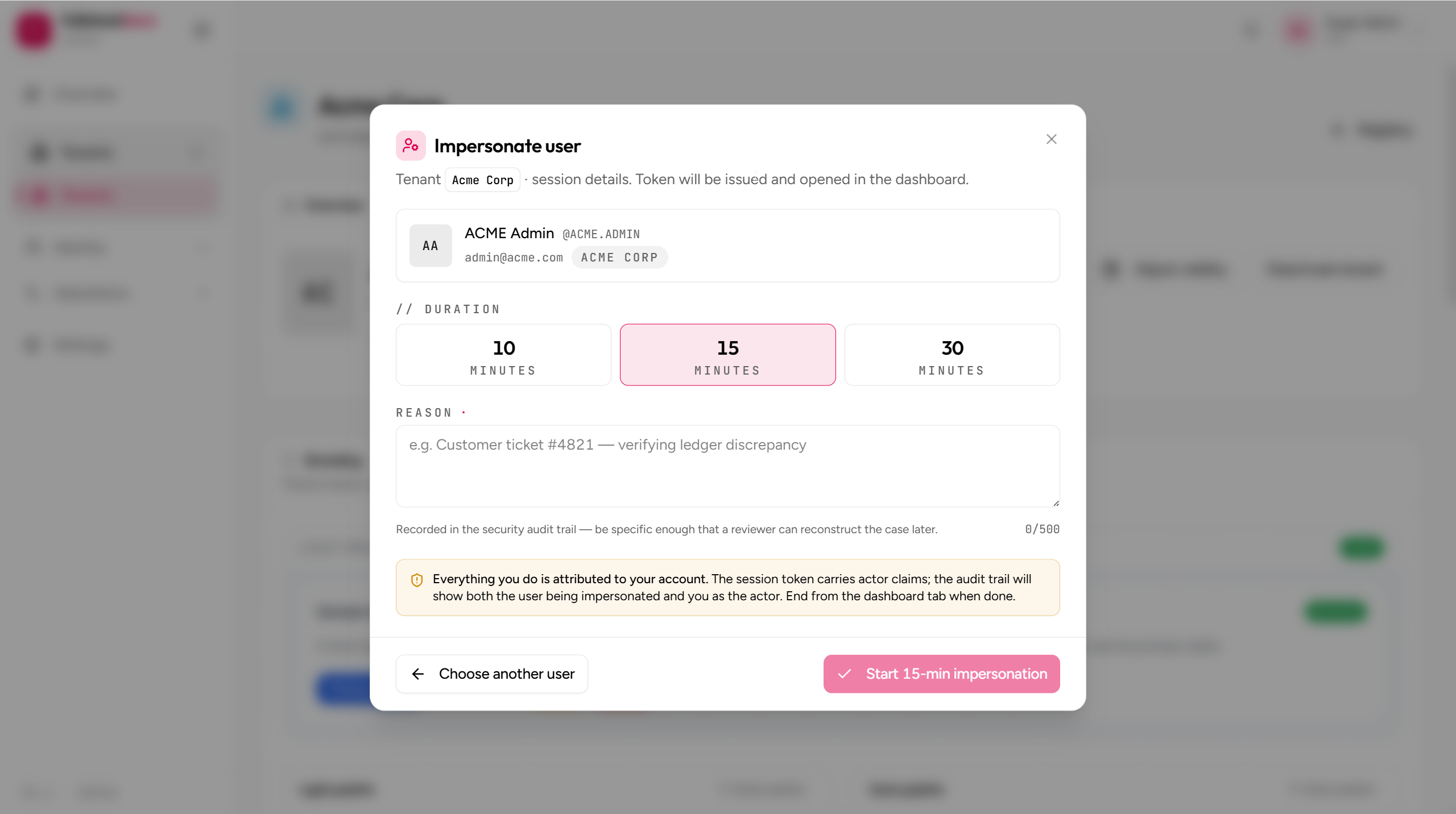 User detail page with the Impersonate action