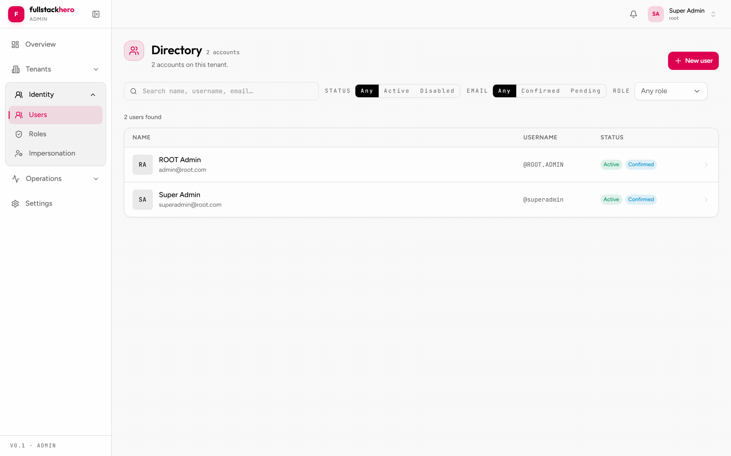 Admin users list page