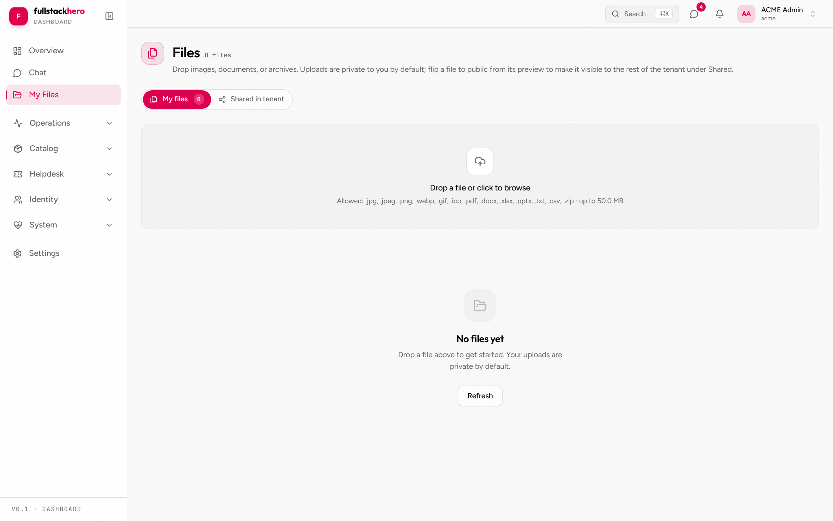 File list with download + delete actions
