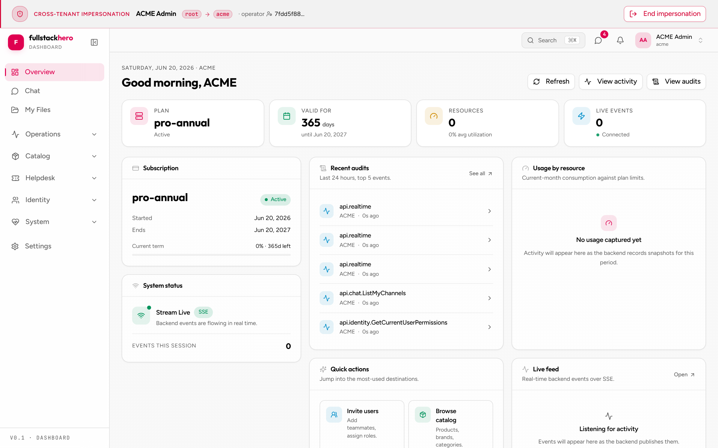 Dashboard while impersonating an end user