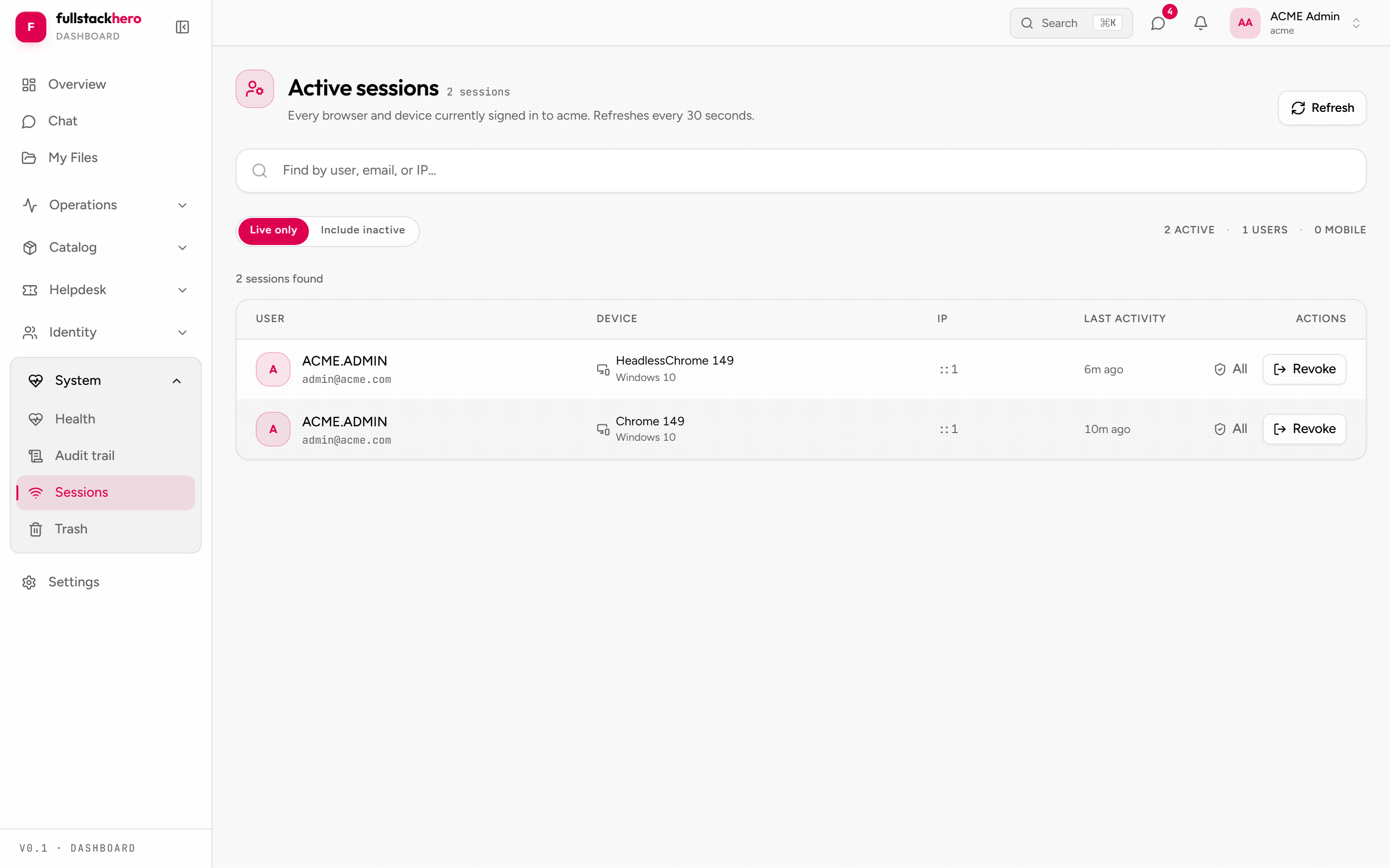 Active sessions list
