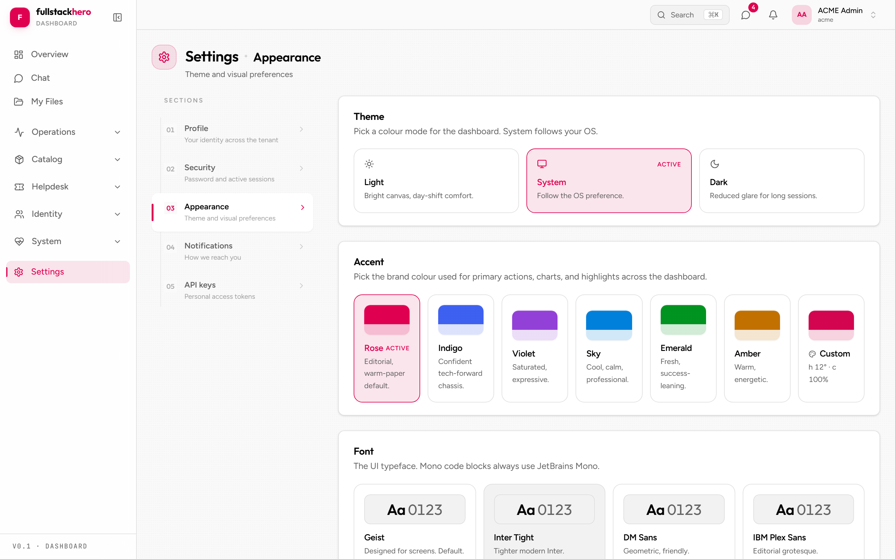 User settings page with appearance options
