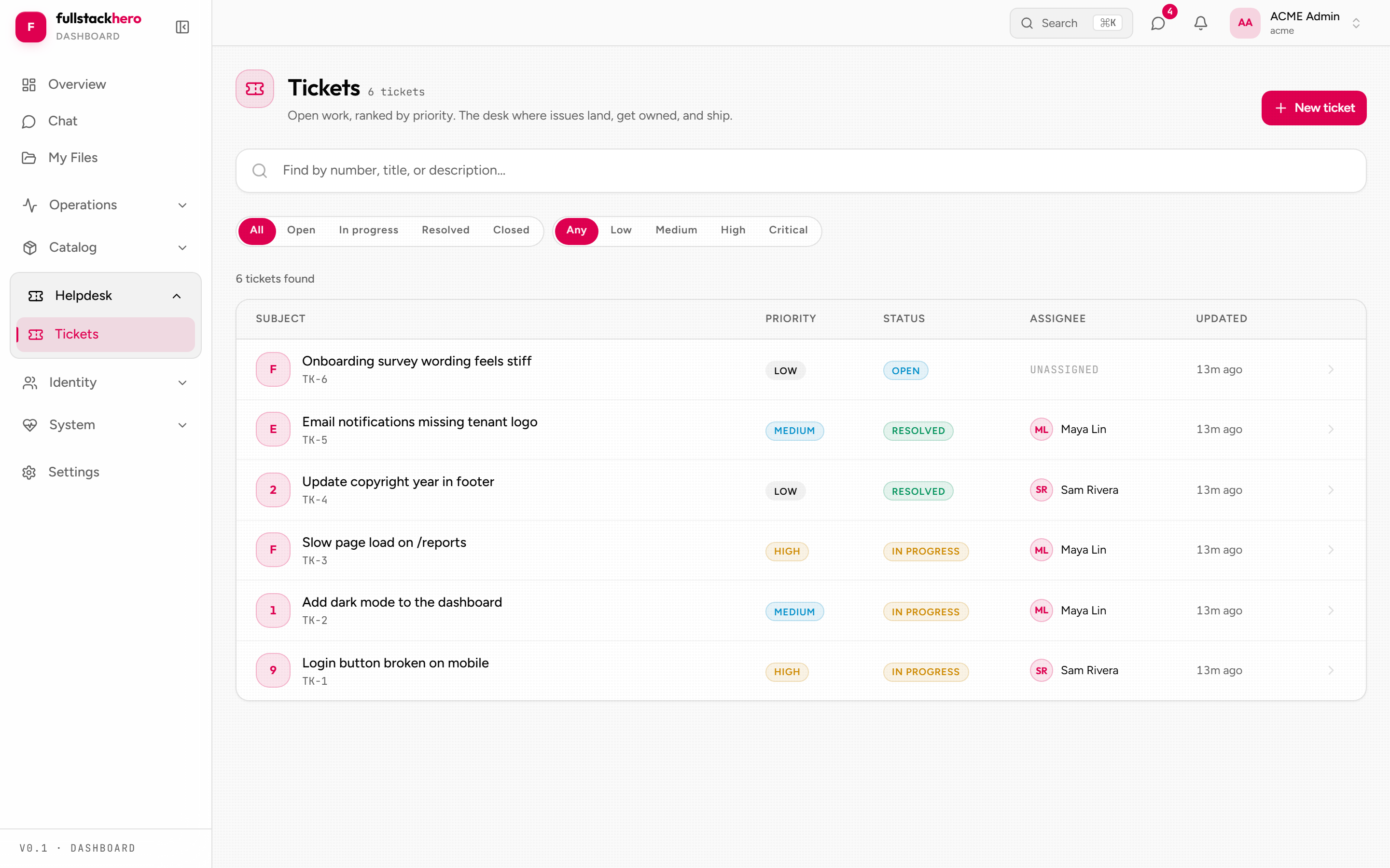 Tickets list filtered by status